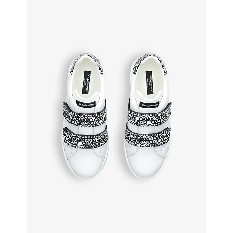 Shop Dolce & Gabbana Boys White/blk Kids Portofino Logo-print Low-top Leather Trainers