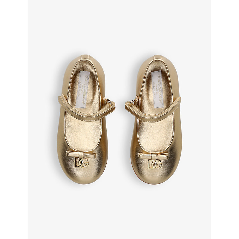 Shop Dolce & Gabbana Girls Gold Kids Dg-logo Bow-embellished Leather Pumps
