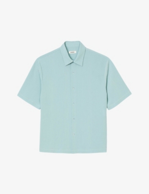 Shop Sandro Men's Bleus Crease-effect Short-sleeved Relaxed-fit Woven Shirt