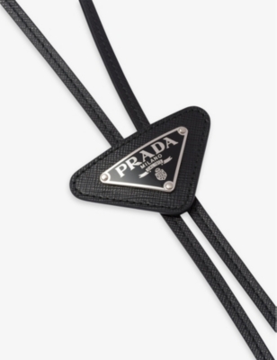 Shop Prada Mens Black Triangular Logo-plaque Leather Bolo Tie