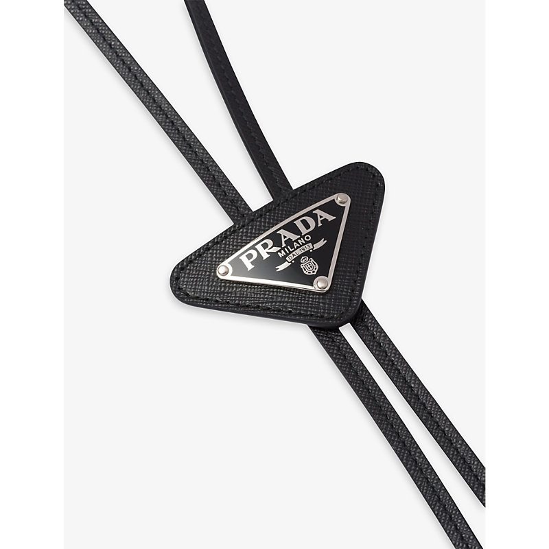 Shop Prada Mens Black Triangular Logo-plaque Leather Bolo Tie