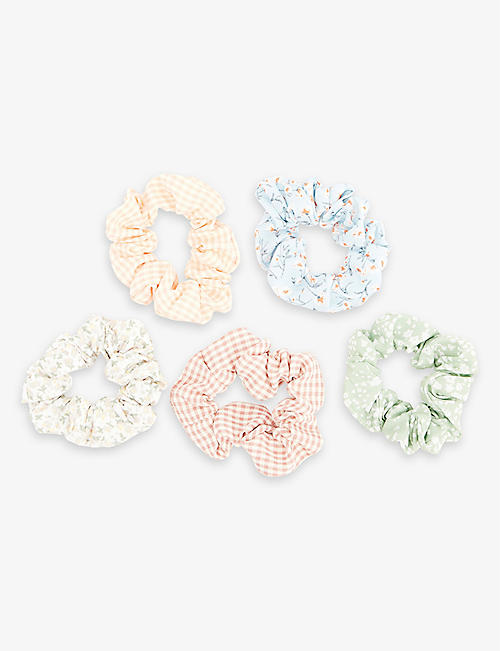 MIMI & LULA: Floral and check-print set of five fabric scrunchies