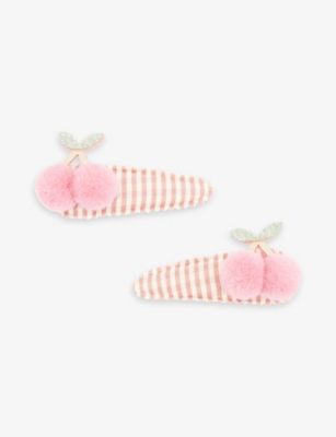 Mimi & Lula Kids' Cherry-embellished Gingham-print Pack Of Two Fabric Hair Clips In Tulip