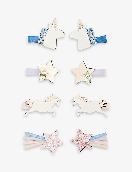 MIMI & LULA: Unicorn and star-embellished set of eight fabric hair clips