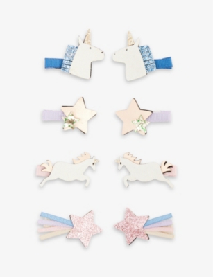 Mimi & Lula Kids' Unicorn And Star-embellished Set Of Eight Fabric Hair Clips In Space Unicorn
