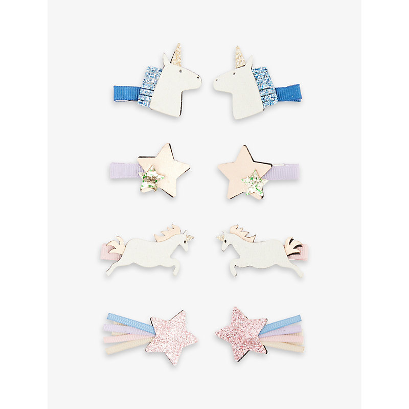 Mimi & Lula Kids' Unicorn And Star-embellished Set Of Eight Fabric Hair Clips In Multi