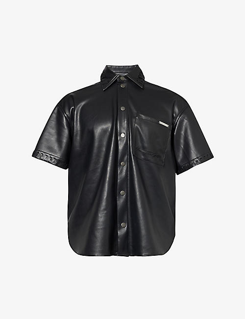 HONOR THE GIFT: Brand-plaque short-sleeved relaxed-fit faux-leather shirt