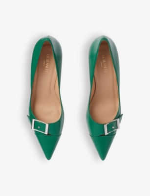 Shop Lk Bennett Womens Gre-green Billie Buckle-embellished Leather Heeled Courts