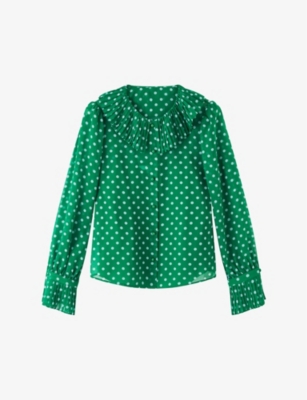 Shop Lk Bennett Women's Mul-green/blue Dita Frilled-neck Woven Regular-fit Shirt