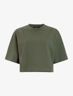 Shop Allsaints Lottie Oversized Cropped Organic-cotton T-shirt In Forest Green