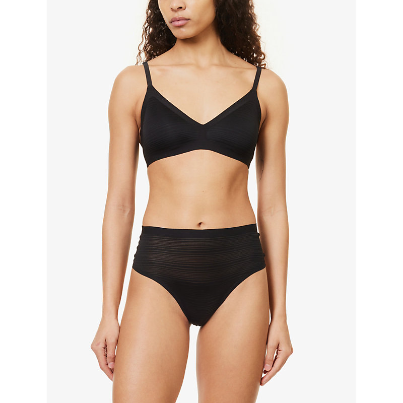 Shop Chantelle Soft Stretch Striped Stretch-woven Thong In Black