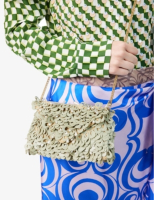 Shop Dries Van Noten Sequin-embellished Chain-strap Cotton Clutch Bag In Light Blue