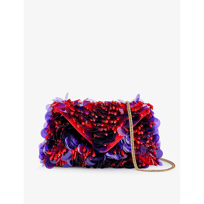 Shop Dries Van Noten Sequin-embellished Chain-strap Cotton Clutch Bag In Red