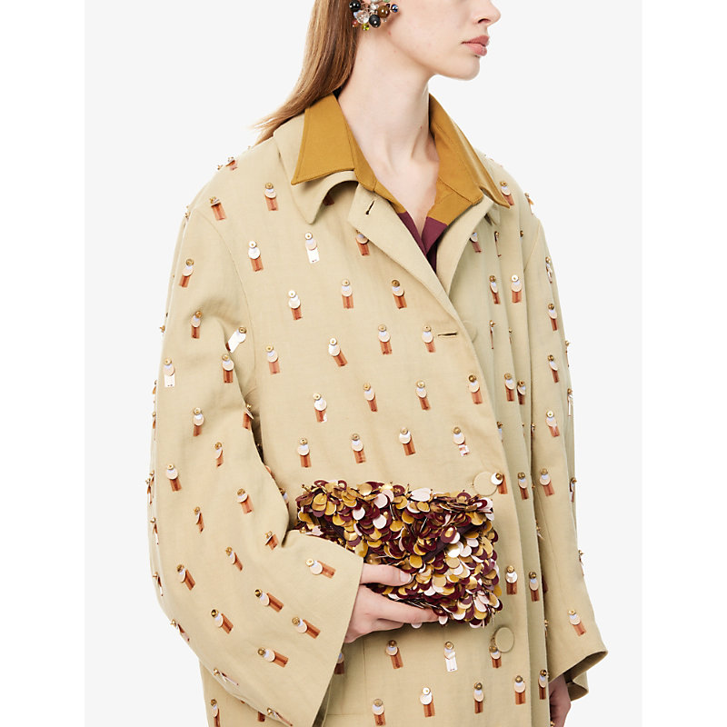 Shop Dries Van Noten Sequin-embellished Chain-strap Cotton Clutch Bag In Mustard