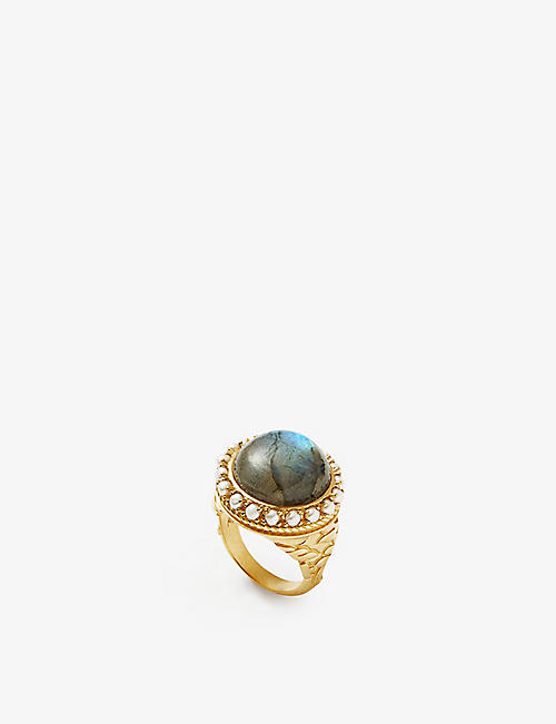 MISSOMA: Harris Reed x Missoma recycled 18ct yellow gold-plated brass, labradorite and pearl ring