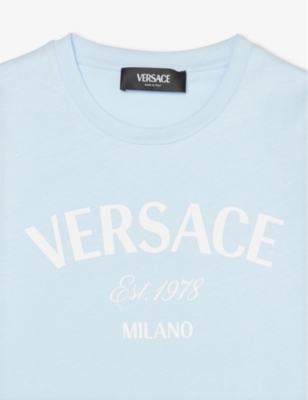Shop Versace Boys 95 Pastel Blue+white Kids Logo-print Short-sleeve Cotton-jersey T-shirt 4-12 Years