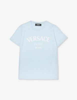 Versace Kids' Logo-print Short-sleeve Cotton-jersey T-shirt 4-12 Years In 95 Pastel Blue+white