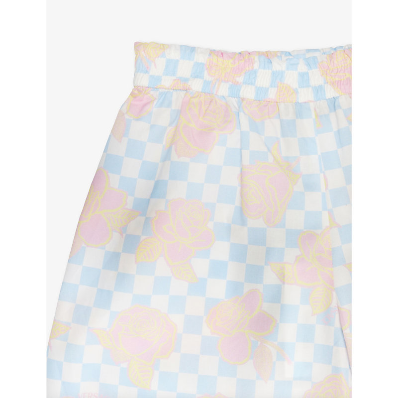 Shop Versace Boys Pastel Blue+white+pastel Kids Checkerboard Flower-print Cotton Shorts 6-12 Years