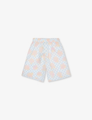 Versace Kids' Checkerboard Flower-print Cotton Shorts 6-12 Years In Pastel Blue+white+pastel