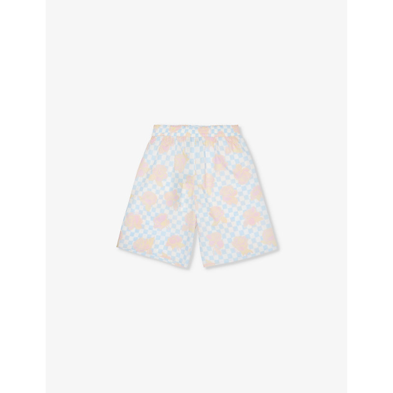 Versace Kids' Checkerboard Flower-print Cotton Shorts 6-12 Years In Pastel Blue+white+pastel