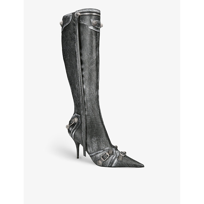 Shop Balenciaga Women's Black Cagole 90 Stud-embellished Denim Heeled Boots