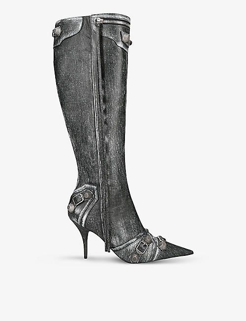 BALENCIAGA: Cagole 90 stud-embellished denim heeled boots