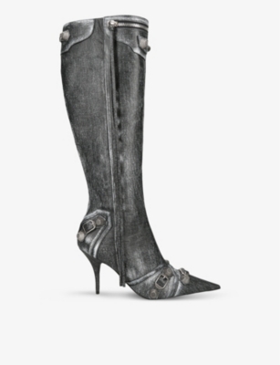 Balenciaga Womens Black Cagole 90 Stud-embellished Denim Heeled Boots