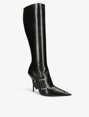 Shop Balenciaga Womens Black Knife Belt 110 Buckle Leather Knee-high Boots