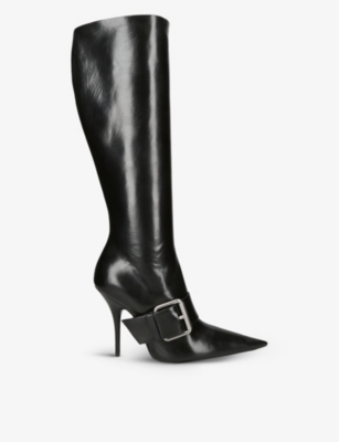 Shop Balenciaga Womens Black Knife Belt 110 Buckle Leather Knee-high Boots