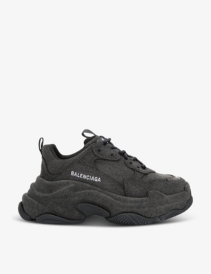 BALENCIAGA: Triple S chunky-sole leather and denim low-top trainers