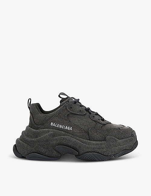 BALENCIAGA: Triple S chunky-sole leather and denim low-top trainers