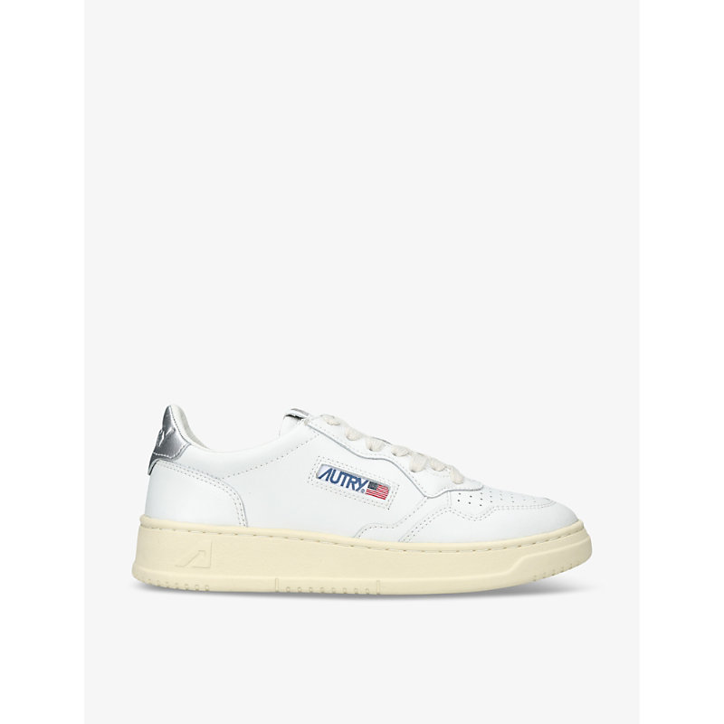 Autry Womens Silver Medalist Brand-embroidered Leather Low-top Trainers