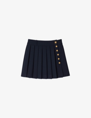 Shop Sandro Womens Bleus Button-embellished Pleated Woven Mini Skirt