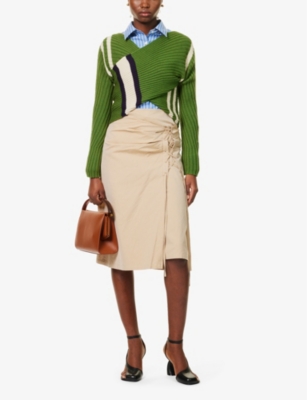 Shop Dries Van Noten Contrast-stripe Wrap-over Wool-blend Jumper In Green