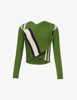 DRIES VAN NOTEN: Contrast-stripe wrap-over wool-blend jumper