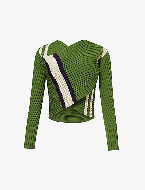 DRIES VAN NOTEN: Contrast-stripe wrap-over wool-blend jumper