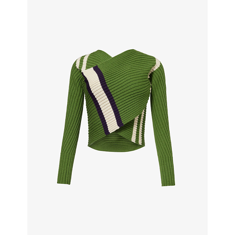 Dries Van Noten Womens Green Contrast-stripe Wrap-over Wool-blend Jumper