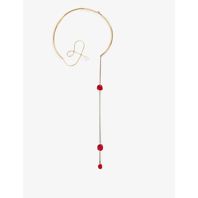 Dries Van Noten Womens Red Wave Brass And Freshwater Pearl Necklace In Gold