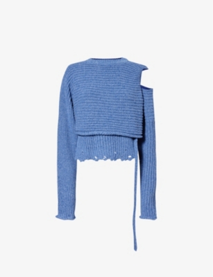 Shop Ottolinger Women's Blue Distressed Wrap-around Recycled Cotton And Polyester-blend Knitted Jumper