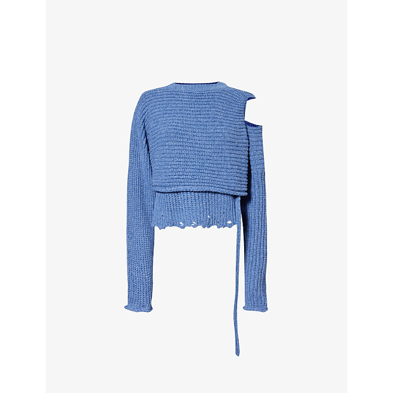 Shop Ottolinger Womens Blue Distressed Wrap-around Recycled Cotton And Polyester-blend Knitted Jumper