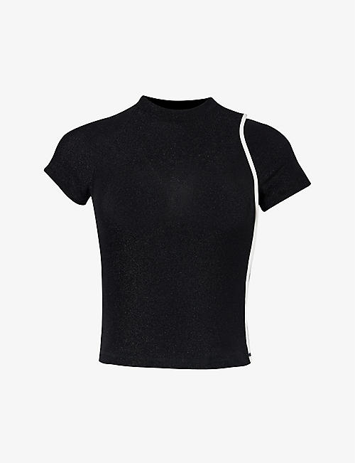 OTTOLINGER: Contrast-piping glittered stretch-woven top