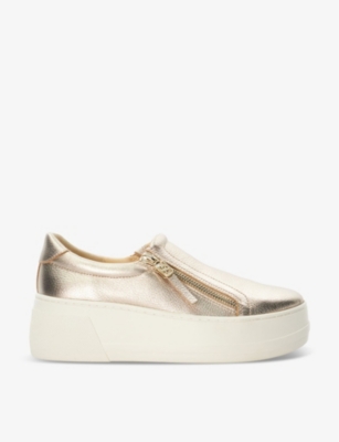 Dune Womens Gold-leather Episodic Zip-embellished Flatform Leather Trainers