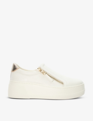 Dune Womens White-leather Episodic Zip-embellished Flatform Leather Trainers