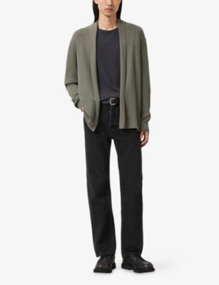 Allsaints Mens Dusky Green Mode Ramskull-embroidered Merino-wool Cardigan Xs In Green