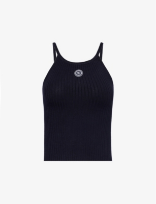 Sporty And Rich Sporty & Rich Women's Vy Logo-appliqué Scoop-neck Woven Top In Navy