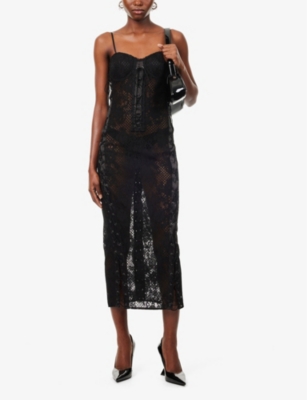 Shop Sinead Gorey Women's Black Floral-pattern Slim-fit Lace Midi Dress