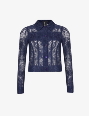 Sinead Gorey Womens Navy Floral-pattern Chest-pocket Lace Jacket