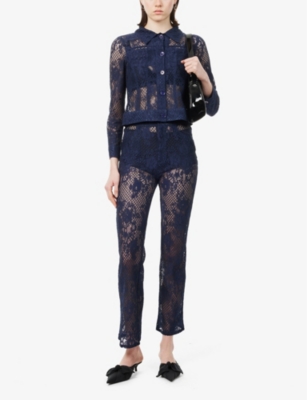 Shop Sinead Gorey Women's Navy Straight-leg High-rise Slim-fit Lace Trousers
