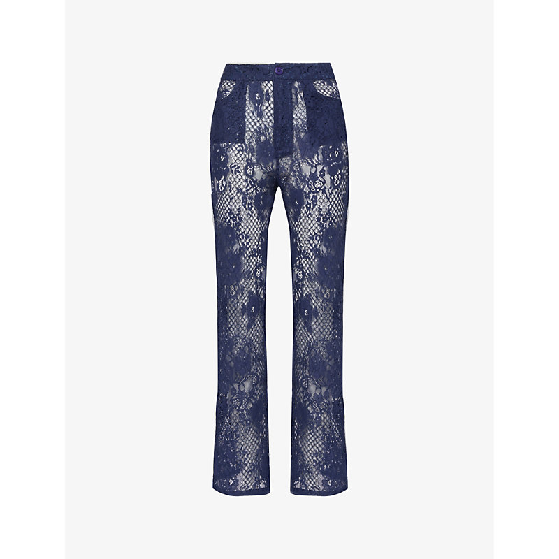 Sinead Gorey Womens Navy Straight-leg High-rise Slim-fit Lace Trousers