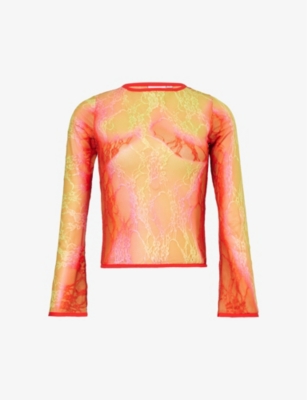 Sinead Gorey Womens Red Pink Gradient-pattern Long-sleeved Lace Top